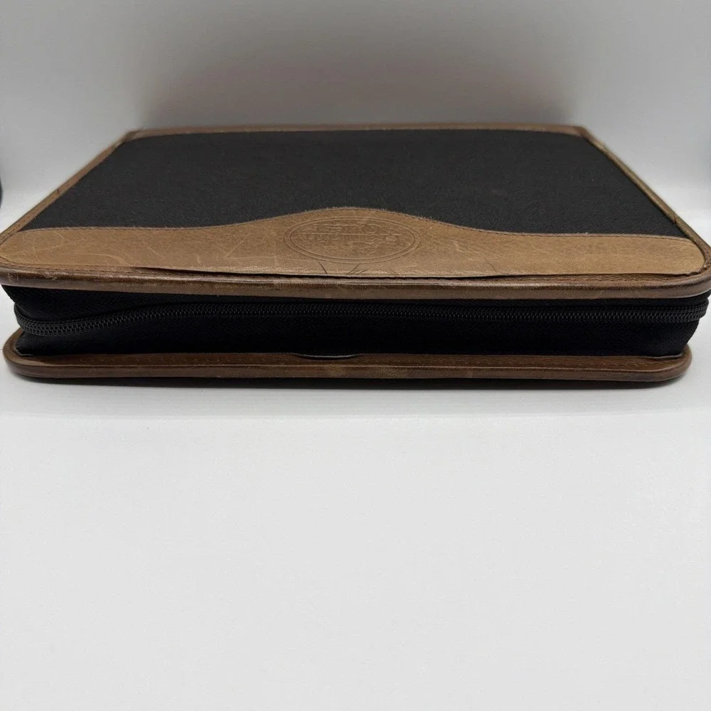 Vtg. Franklin Quest ~Blk. Canvas/Brown Leather Trim ~Green Line Planner Zip